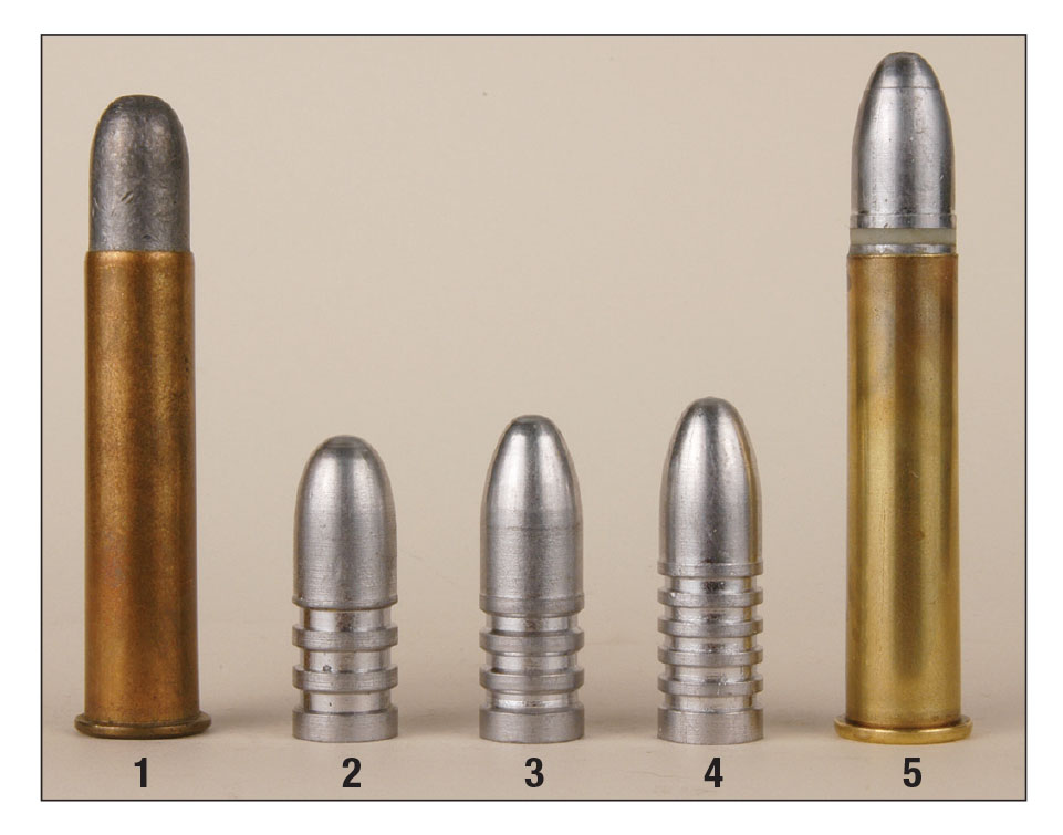 Loads and bullets: (1) an original (late 1800s) .45-70 factory load with a 500-grain bullet, (2) a 500-grain bullet with three grease grooves and a Government roundnose, (3) a 530-grain Creedmoor nose with three grease grooves, (4) a 560-grain bullet  with Creedmoor nose and five grease grooves, (5) a loaded round with a 560-grain bullet.